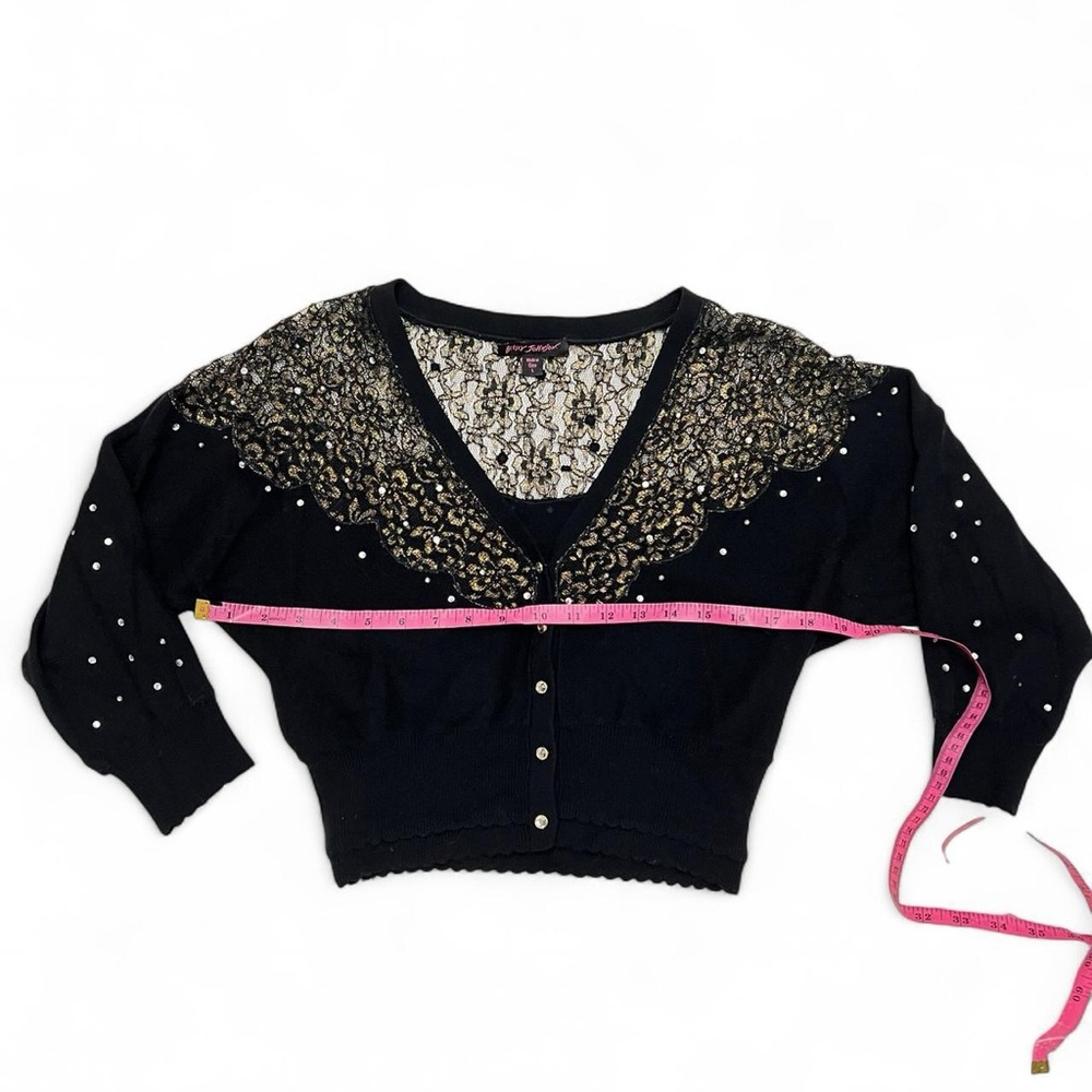 Betsey Johnson Black V-Neck Sweater Cardigan with Gold Lace & Pearl Accents - Picture 4 of 6